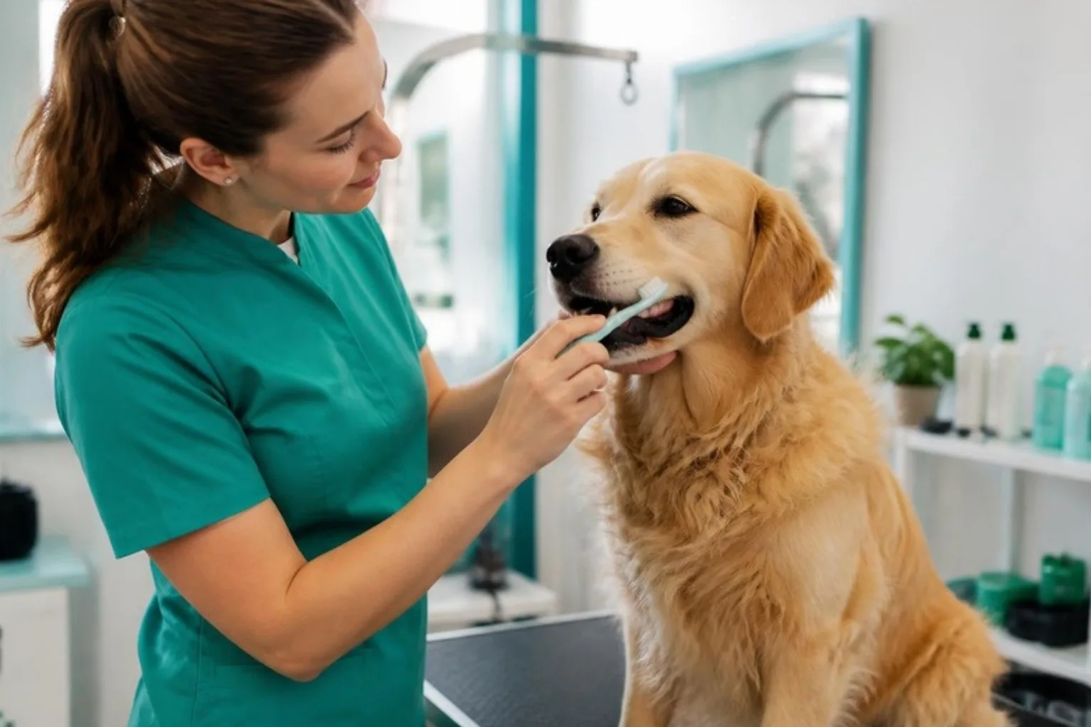 Dog having its teeth gently brushed by a hygienist